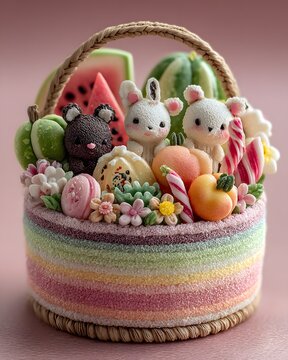 Premium kawaii polymer clay figurine, adorable baby animals inside a giant fruit basket, pastel rainbow colors, watermelon, peaches.