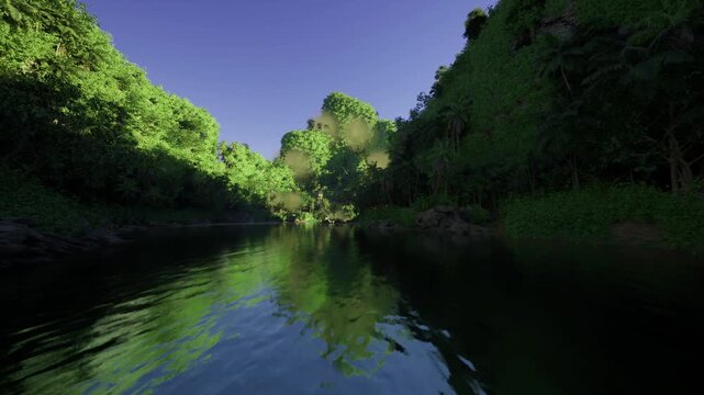 Vibrant jungle gorge with mirrored river, intense green gradients on mossy slopes, rushing currents shaping rock, ecoguide imagined leading silent trek,