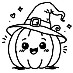 Cute Pumpkin Wearing Witch Hat Halloween Hand Drawn Doodle Vector Illustration