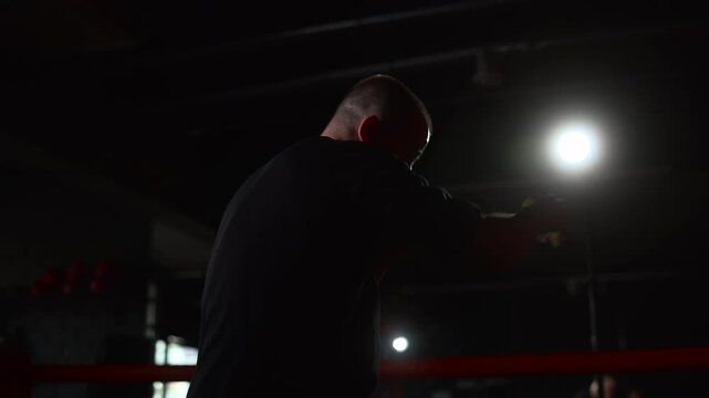 Rear view of bald boxer in dark training shirt standing inside ring, facing bright spotlight, red ropes framing deep shadow and tense guarded posture in gritty indoor scene