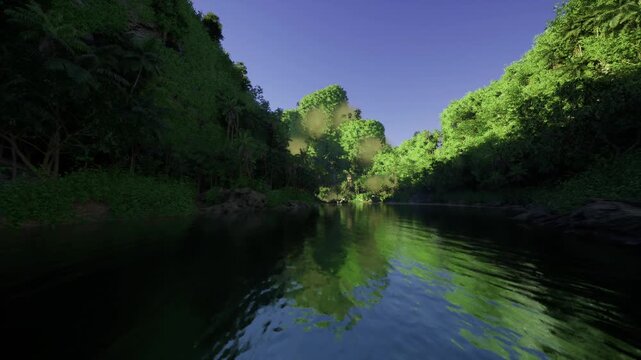 twilight jungle silhouette reflected in calm water, cool tones convey mystery and calm ideal for film stills, mood boards, travel advertising emphasizing