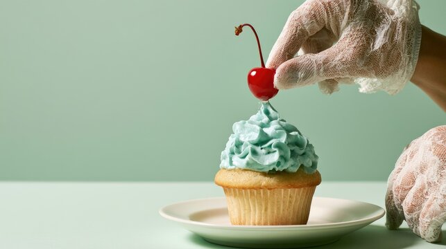 Gloved hand delicately places cherry atop frosted cupcake on light green backdrop
