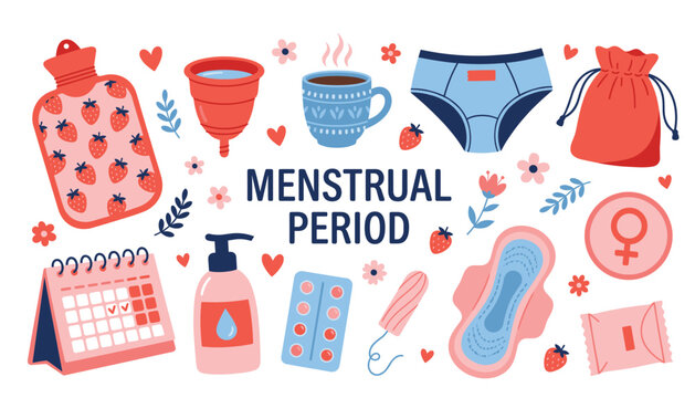 Menstrual period vector illustration set. Female hygiene products, sanitary pads, menstrual cups, tampons, calendar and intimate care stickers.