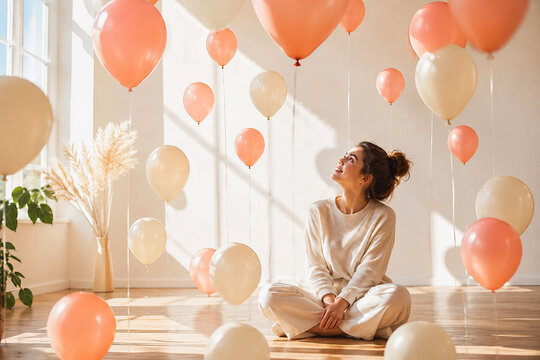 A young woman sits on the floor surrounded by a multitude of floating balloons in shades of pink and beige, creating a serene and relaxed atmosphere.