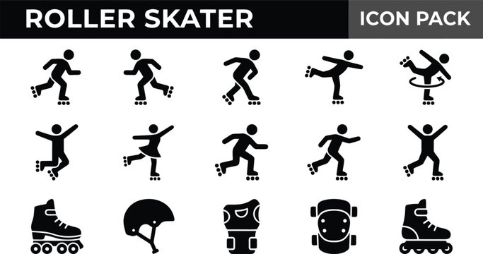 Roller skater icon set featuring various skating poses and safety equipment