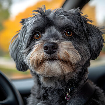 Fluffy black dog looking out of a car window during trip