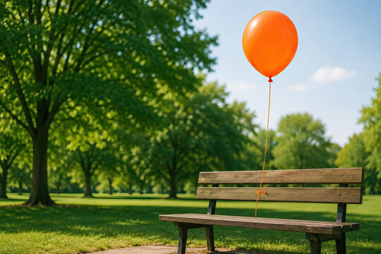 An orange balloon gently floats above a weathered wooden park bench, tethered by a string, creating a serene and nostalgic scene in a lush green park with scattered clouds and sunlight.