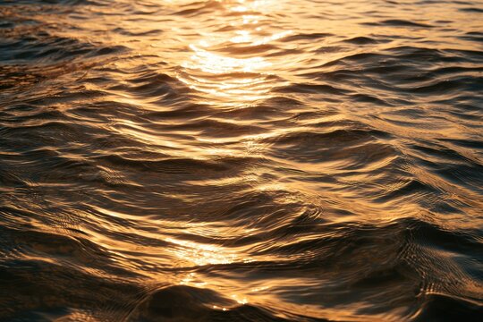 Golden sunset glints dance on gentle, rippling ocean waves