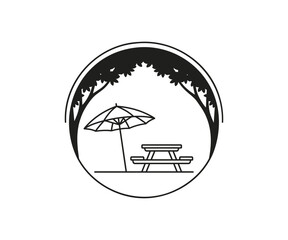 Fototapeta premium Table and Umbrella Under Trees in Round Badge Vector Icon