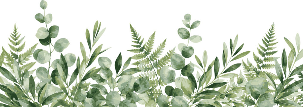 Watercolor horizontal border of mixed greenery
