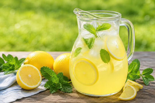 A refreshing close-up of a pitcher filled with vibrant lemonade, garnished with fresh mint leaves and surrounded by whole lemons, evoking a sense of summer refreshment and healthy indulgence.