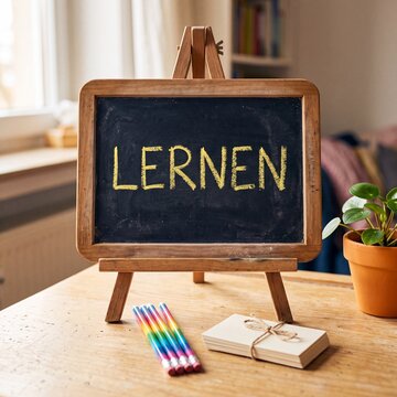 Kreidetafel mit Schriftzug Lernen in der Lernecke am Schreibtisch