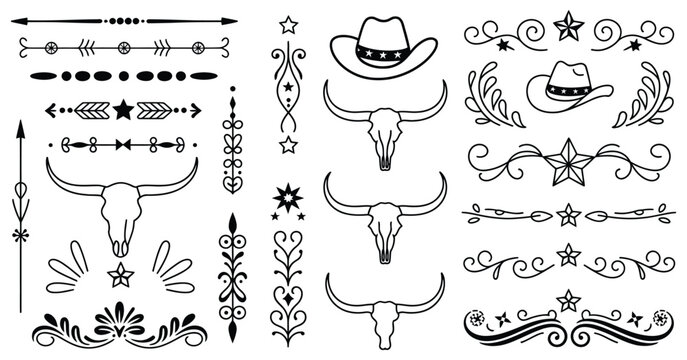 Old western decorative line dividers vector featuring vintage ornamental borders, rustic cowboy motifs, retro accents, and graphic elements for branding, menus, posters, and packaging.