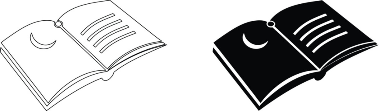 Open storybook with moon icon and text lines vector illustration set for literacy education and night bedtime stories.