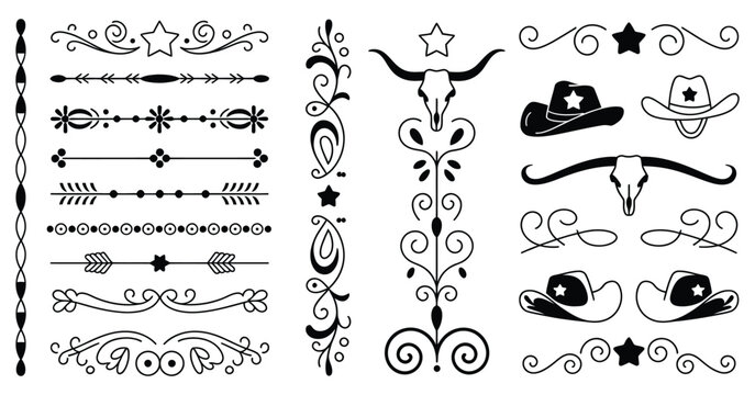 Old western decorative line dividers vector featuring vintage ornamental borders, rustic cowboy motifs, retro accents, and graphic elements for branding, menus, posters, and packaging.