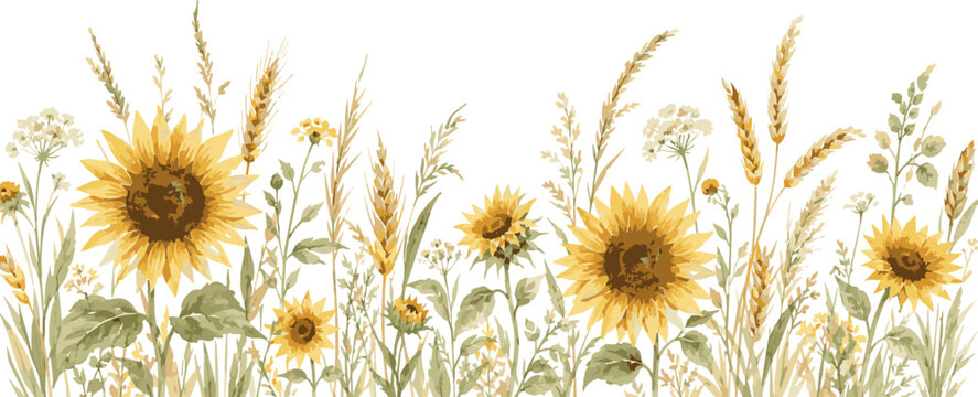 Watercolor horizontal border of sunflowers and wheat