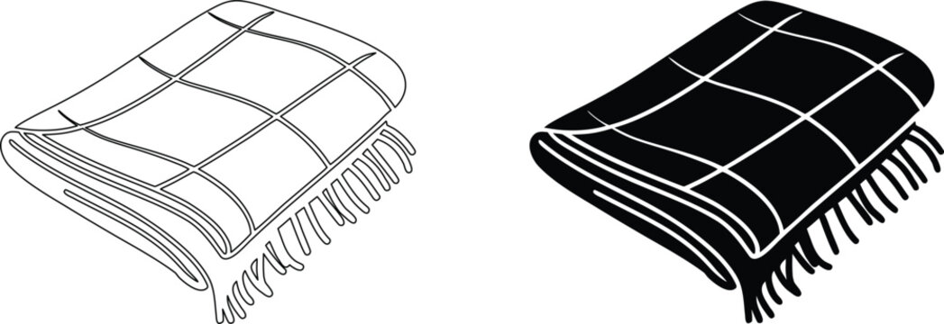 Plaid pattern woven blanket with decorative fringe detail shown as simple contour outline and bold solid black icon design.