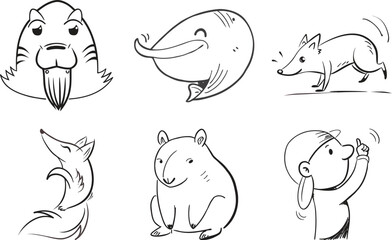 Obraz premium Adorable doodle animal characters cute and lively sketches of mammals and sea life on transparent background.