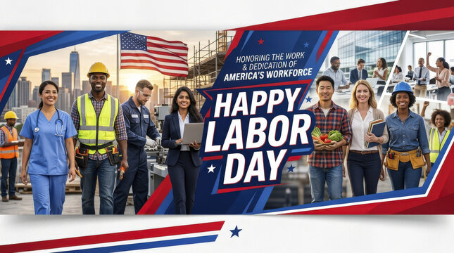 Happy Labor Day banner honoring America's diverse workforce, celebrating dedication, and national unity with patriotic flag colors.