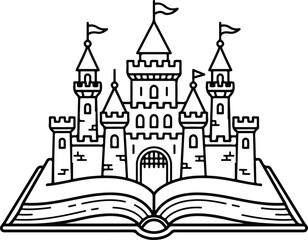 Medieval Castle Storybook Open Book Line Art Vector Icon
