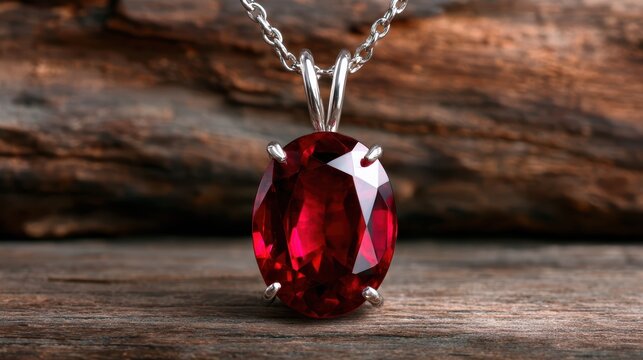 A gorgeous ruby pendant displayed on a rustic wooden surface, showcasing its brilliant cut and deep red hue, highlighting elegance in jewelry design.