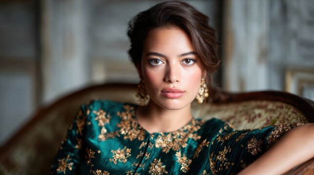 A graceful woman poses in a beautifully embroidered traditional outfit, exuding elegance and allure, making a strong fashion statement with captivating accessories.
