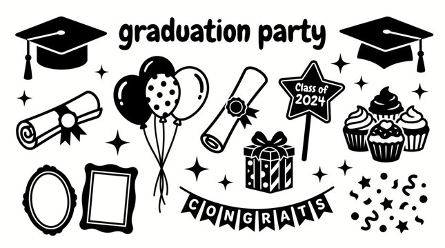 graduation party decorations featuring graduation caps diplomas balloons gift boxes cupcakes confetti frames celebration signs vector celebrations event planning and greeting design