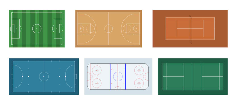 Court and Field Sports Vector Set with Tennis, Basketball, Volleyball, Soccer Football, Ice Hockey and American Football Top Views Plans. Collection