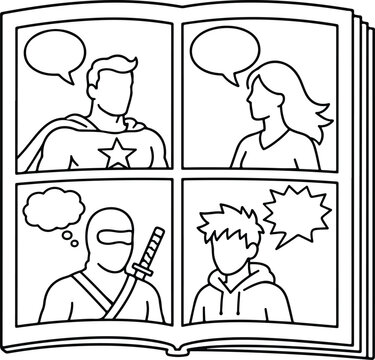 Superhero Comic Open Book Storyboard Line Art Vector Icon