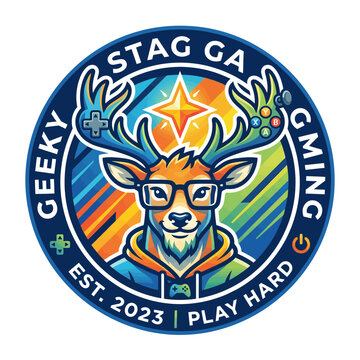 Geeky stag gaming badge with colorful star background.