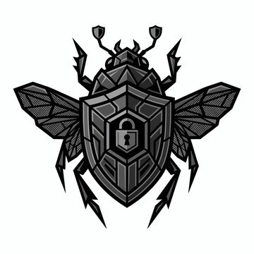 Geometric bee insect icon with shield and padlock.