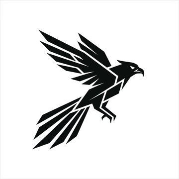 Geometric black hawk silhouette flying on white background.