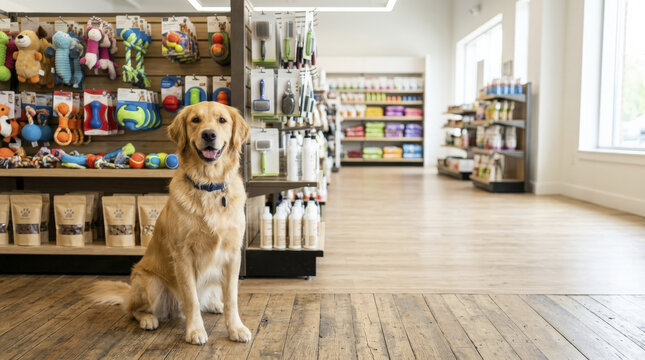 Happy Golden Retriever sitting patiently in a modern pet store, surrounded by various pet food and supply products.