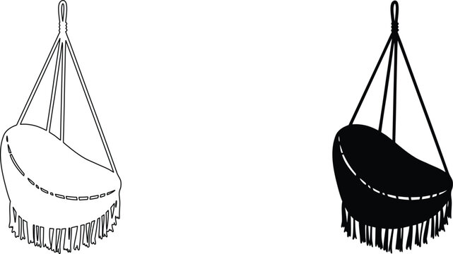 Line art and silhouette of hanging chair with fringe for outdoor relaxation and bohemian interior style.