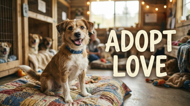 Heartwarming scene of a hopeful terrier mix in a cozy animal shelter, with an "ADOPT LOVE" message.