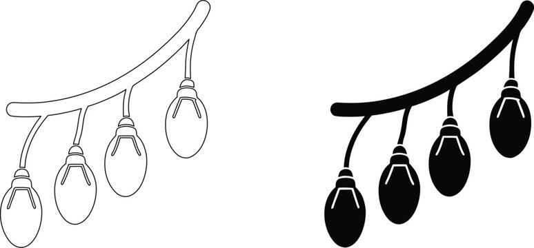 Line art and silhouette of string lights on branch with bulbs for party decor and festive illumination.