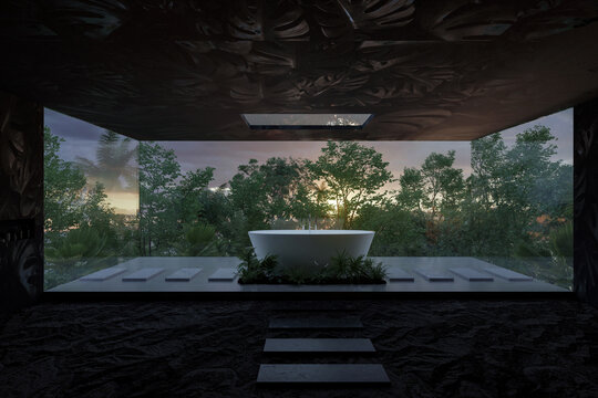 3D rendering of a luxury bathroom with view to jungle trees and large panoramic windows