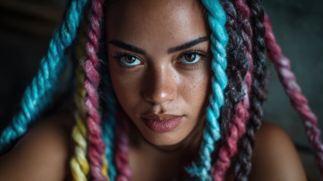 A powerful portrait of a woman featuring vibrant, multi-colored hair, evoking strong emotion and individual expression, showcasing unique beauty and self-identity in modern society.