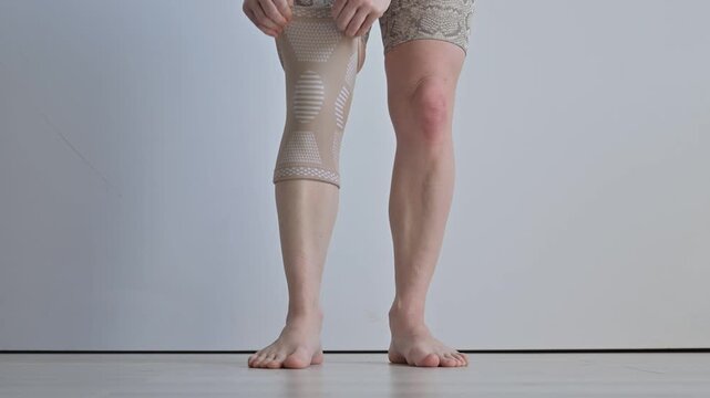 A Caucasian woman suffers from knee pain and wears a supportive elastic knee brace.