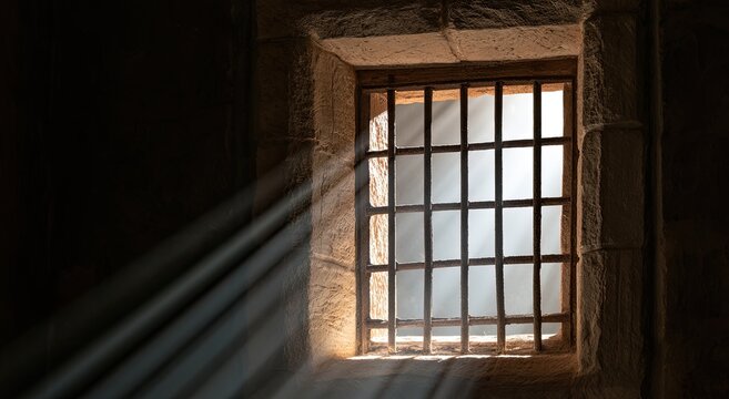 Sunlight streams through a barred window in a dark, stone room