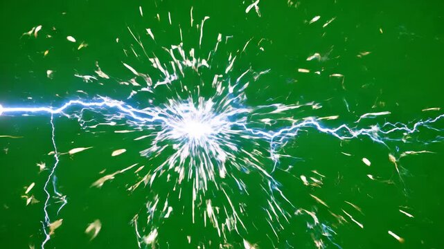 High voltage blue electric arc sparking and flickering on a pure green screen background for chroma key compositing