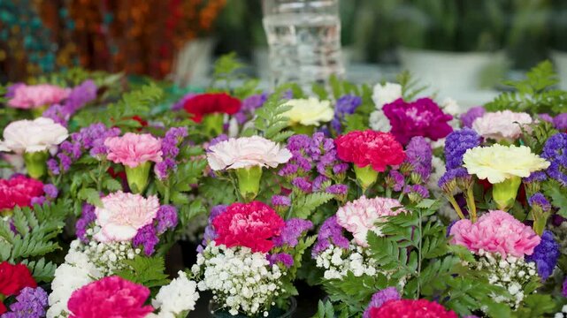 Fresh Carnation and Statice Floral Arrangements at Bangkok Flower Market