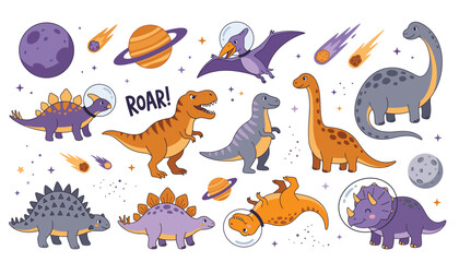 Space dinosaurs vector illustration set. Cute cartoon dinos, astronaut helmets, planets, flying meteors and prehistoric galaxy elements. © Creative Studio 