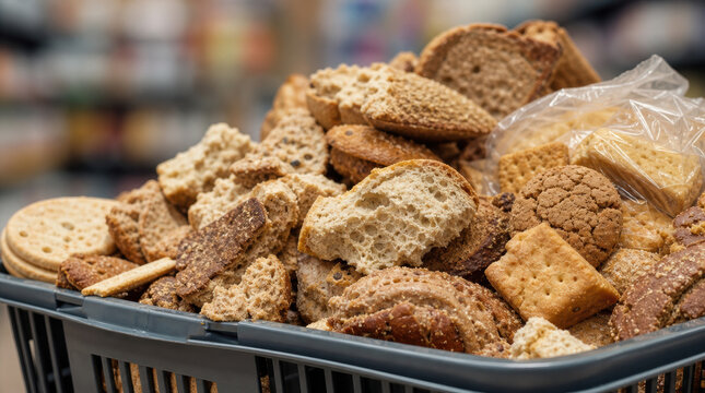 Grocery basket bread bakery pastry cookie cracker food close up of overflowing baked good assortment in store aisle with blurred shelf background