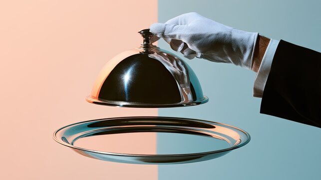 Gloved hand lifts silver dome to reveal an empty platter against a dual-toned background
