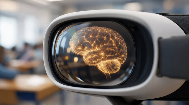 Close up curved lens white headset glass brain learning virtual reality education technology headset lens reflecting glowing brain in classroom