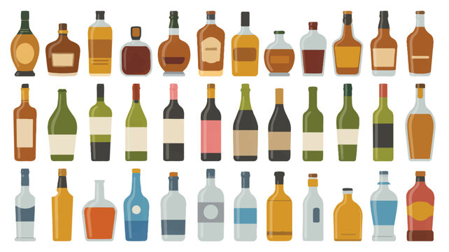 A Flat Vector Illustration Collection of Various Glass Bottles for Alcoholic Beverages and Spirits