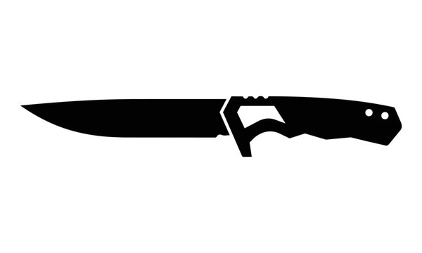 Black silhouette of a modern tactical combat knife with a structured handle isolated on a white background, minimalist equipment design concept