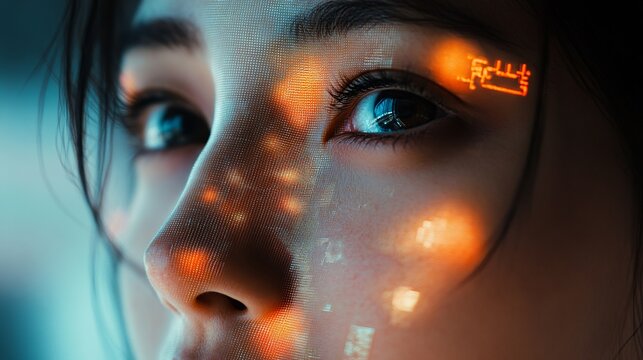Close-up portrait of a young woman's eye reflecting digital code, showcasing a futuristic cyberpunk aesthetic and technological integration