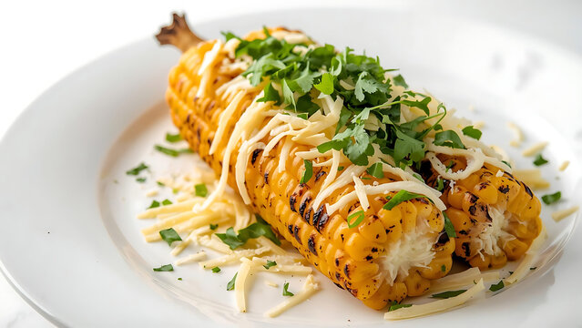 Delicious Grilled Corn on the Cob Topped with Shredded Cheese and Fresh Herbs on a White Plate, Close-up